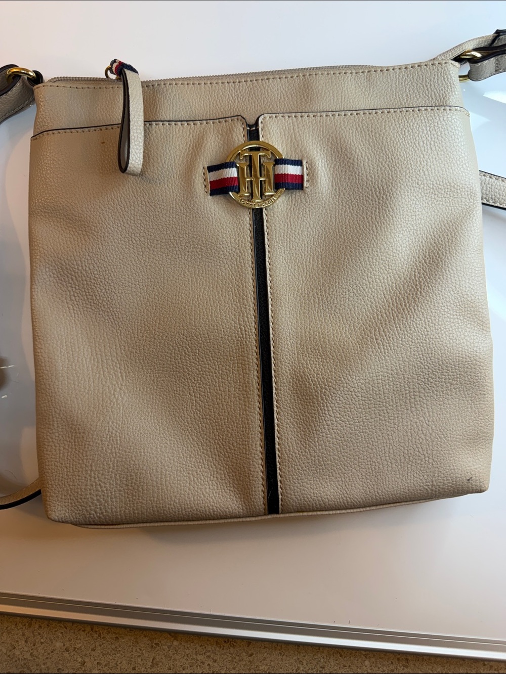 Tommy Hilfiger Cream Crossbody with Gold Logo and Ribbon Trim Sample Bag